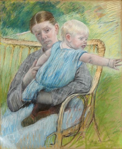 Mathilde che tiene un bambino che si protende verso destra da Mary Cassatt