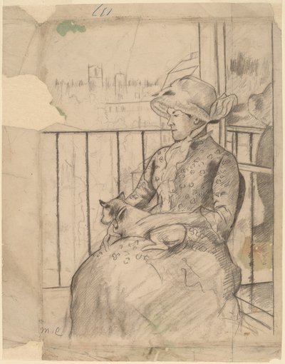 Susan su un balcone con un cane da Mary Cassatt