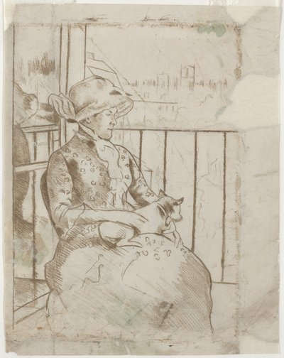 Susan su un balcone con un cane da Mary Cassatt