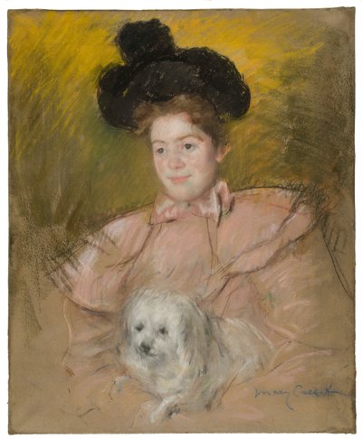 Donna in costume lampone con un cane da Mary Cassatt