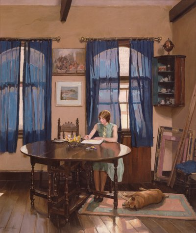 Interno con una donna artista che dipinge a un tavolo con gambe pieghevoli da Mary Dawson Elwell