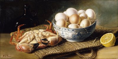Un granchio e una ciotola di uova su un cesto, con una bottiglia e mezzo limone da Mary E. Powis