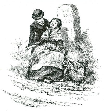 Una madre nubile indigente trovata esausta sulla strada per il ricovero con il suo bambino. Scena che ricorda un romanzo di Thomas Hardy ma non rara nelle aree rurali di tutto il paese. Illustrazione di Mary Ellen Edwards c1881 da Mary Ellen Edwards