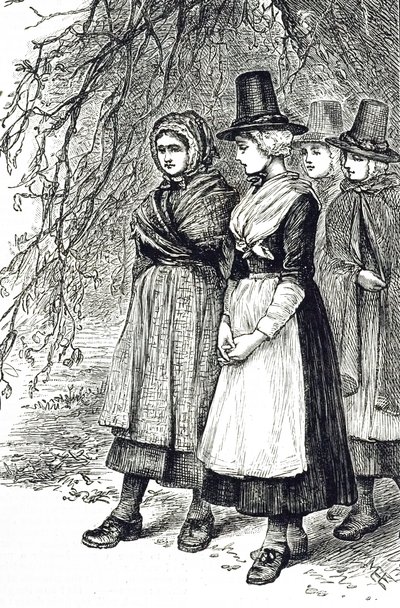 Incisione che raffigura ragazze gallesi a una fiera di Hollantide, una fiera di assunzione, in attesa di essere ingaggiate come domestiche da Mary Ellen Edwards