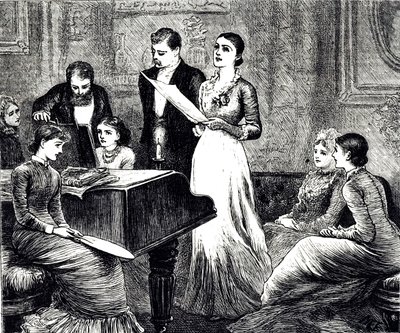 Incisione che raffigura una serata musicale. Illustrato da Mary Ellen Edwards da Mary Ellen Edwards