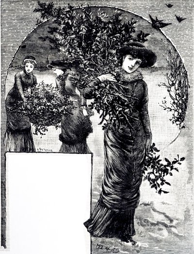 Incisione che raffigura la raccolta di agrifoglio e sempreverdi per le decorazioni natalizie. Illustrato da Mary Ellen Edwards da Mary Ellen Edwards