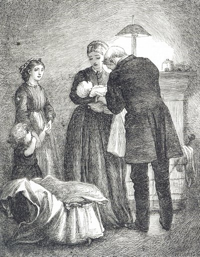 Incisione raffigurante un medico che esamina un bambino con il morbillo da Mary Ellen Edwards