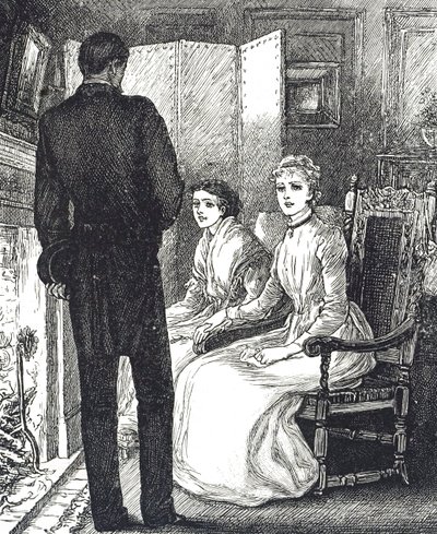 Incisione che raffigura due donne che si scaldano accanto al caminetto da Mary Ellen Edwards