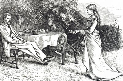 Illustrazione che raffigura una famiglia che fa colazione in giardino da Mary Ellen Edwards