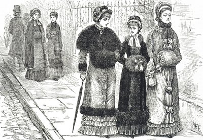 Illustrazione che raffigura giovani donne con manicotti per tenere le mani calde durante il freddo da Mary Ellen Edwards