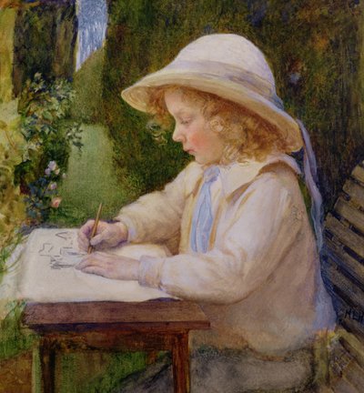 Ragazza che disegna su un tavolo da giardino (studio) da Mary Harcourt