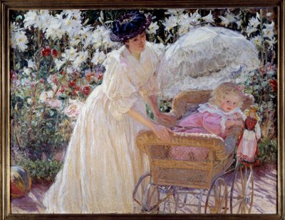 Rosa e giglio Una madre e sua figlia piccola in un passeggino in un giardino fiorito da Mary Louise MacMonnies