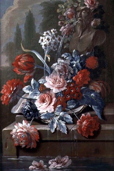 Natura morta di fiori vicino a una fontana da Mary Moser
