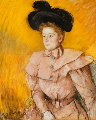 Donna con cappello nero e costume rosa lampone da Mary Cassatt