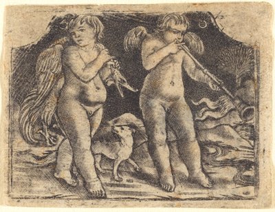 Cupido che porta un uccello accompagnato da un cane, e un altro cupido che suona una tromba da Maso Finiguerra