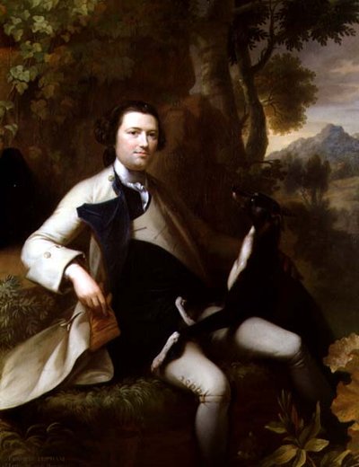 Francis Popham seduto in un paesaggio boscoso con il suo levriero da Mason Chamberlain