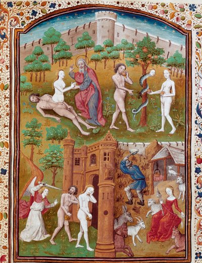 Nascita di Eva dalla costa di Adamo, Adamo ed Eva che raccolgono il frutto proibito e poi cacciati dal Paradiso. Miniatura tratta da "De casibus" di Giovanni Boccaccio da Master Dunois