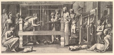 Donne che filano, tessono e cuciono, 1540-50 da Master FG