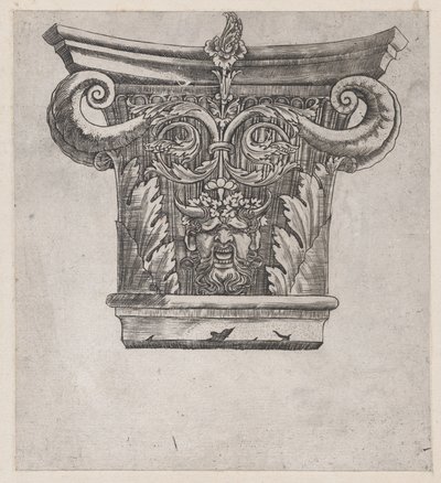 Speculum Romanae Magnificentiae: Capitello con volute a baccello di pisello e testa di satiro, ca. 1537 da Master GA