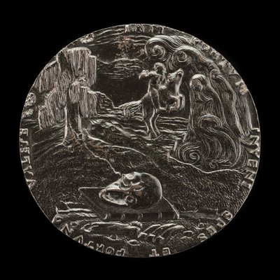 Libro, teschio, ossa e cavaliere nel paesaggio [retro], 1526 da Master M.P.