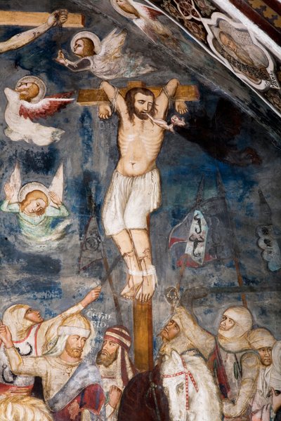 Il ladro non pentito, crocifisso con Gesù, la sua anima è strappata dalla sua bocca da un demone da Master Trecentesco of Sacro Speco School