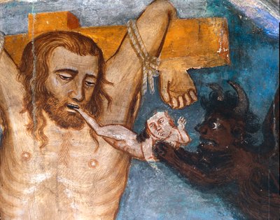 Il ladro non pentito, crocifisso con Gesù, la sua anima è strappata dalla bocca da un demone. Rappresentazione del ladro malvagio chiamato Gesma o Gesta da Master Trecentesco of Sacro Speco School
