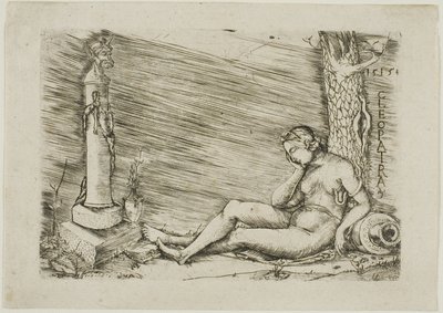 Cleopatra sdraiata ai piedi di un albero, con un termine da Master of 1515