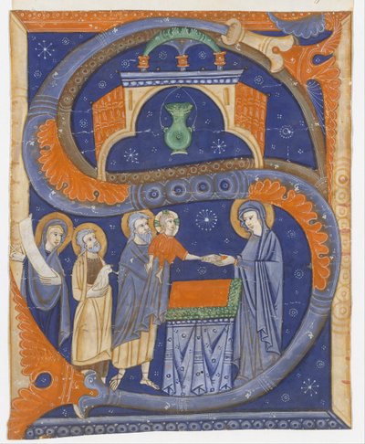 Illustrazione del manoscritto con la Presentazione di Cristo nel Tempio in un