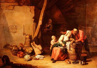 Un fienile con un contadino che sveglia una vecchia signora da Master of Beguins