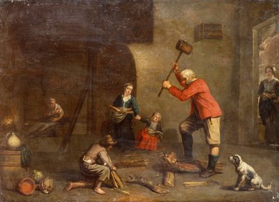 Una cucina con un vecchio che taglia legna da Master of Beguins