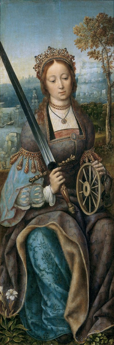 Trittico della Sacra Famiglia con angeli musicanti (pannello sinistro: Santa Caterina) da Master of Frankfurt