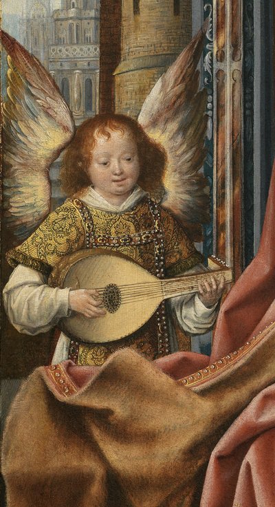 Trittico della Sacra Famiglia con angeli musicanti (dettaglio) da Master of Frankfurt