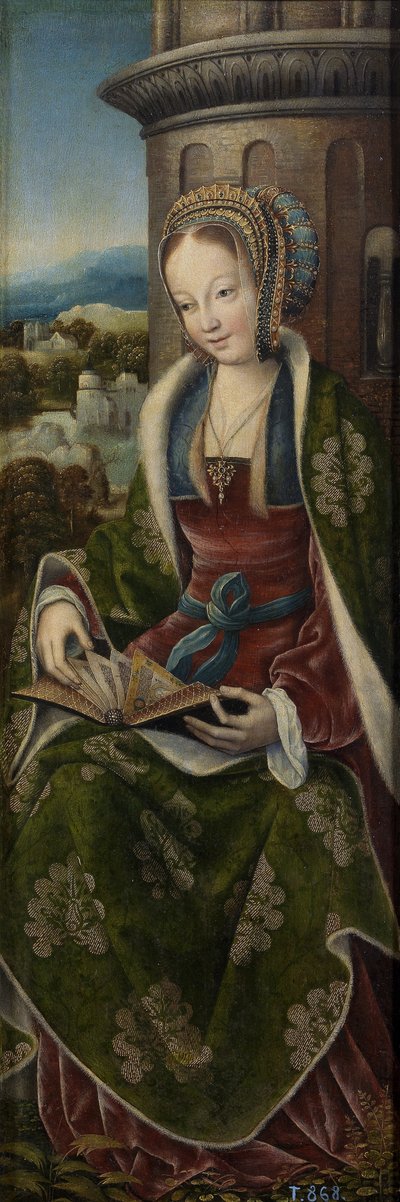 Trittico della Sacra Famiglia con angeli musicanti. Pannello destro: Santa Barbara, ca 1510-1520 da Master of Frankfurt