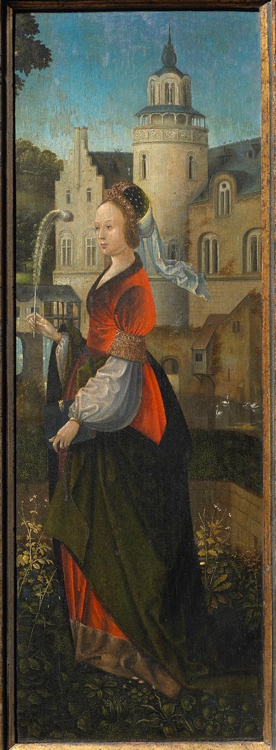 Santa Barbara. Sacra Famiglia con Angeli e Sante Caterina e Barbara Trittico, 16° sec. da Master of Hoogstraeten