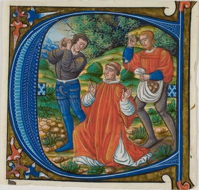 La lapidazione di Santo Stefano in una iniziale istoriata "A" o "C" da un Graduale da Master of Jacques de Besançon