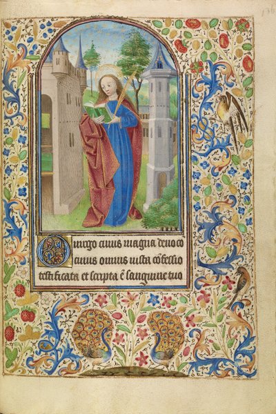 Santa Barbara con un libro e una palma da martire davanti a una torre da Master of Jacques of Luxembourg