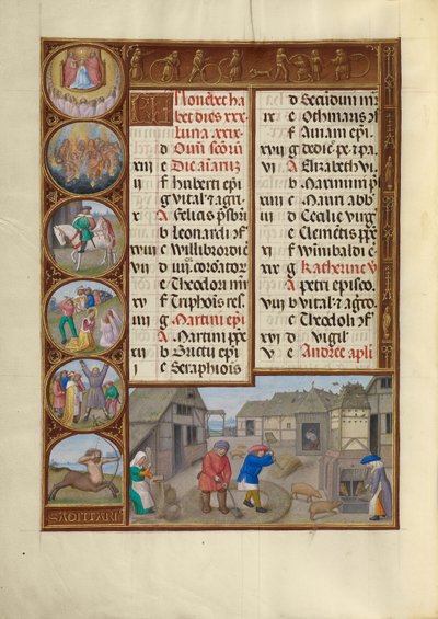 Pagina del calendario di novembre; Trebbiatura e alimentazione dei maiali; Sagittario da Master of James IV of Scotland