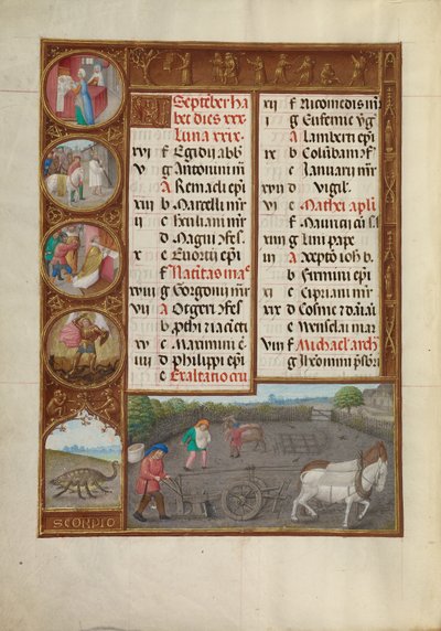 Pagina del calendario di settembre; Aratura e semina; Scorpione da Master of James IV of Scotland