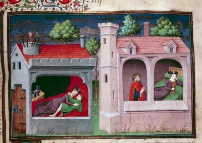 Scena galante: due coppie che parlano. Pagina di un manoscritto in francese del "Decameron" di Giovanni Boccaccio detto Jean Boccace (1313-1375), scrittore italiano, miniato dal Maestro di Mansel. 1450. Parigi, Biblioteca dell