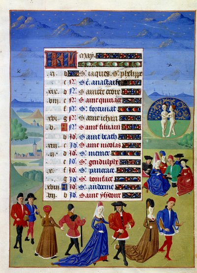 Maggio: i cortigiani passeggiano. Pagina miniata tratta dal "Libro d