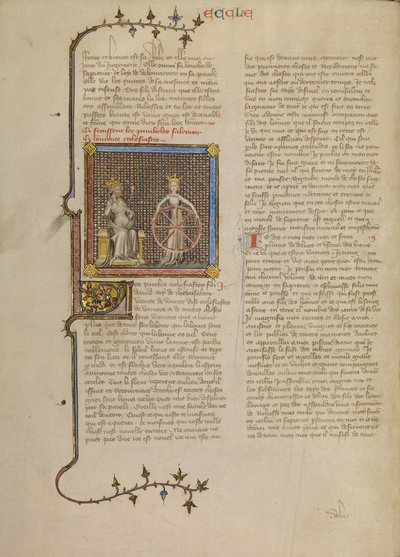 Salomone con figura femminile coronata che regge una ruota che illustra il volgere delle stagioni da Master of Jean de Mandeville