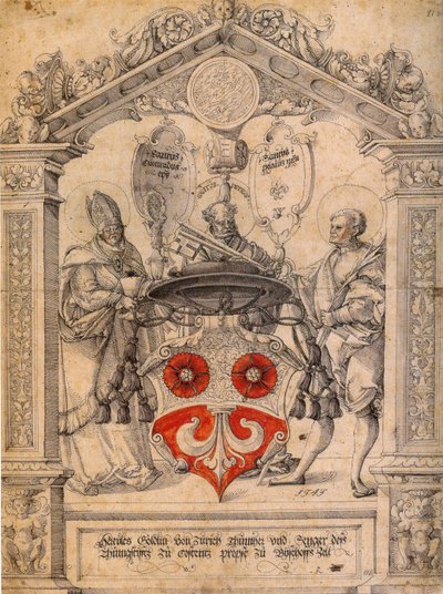 Tedesco: incisione a disco di Ercole Göldlin con i santi Corrado, Pelagio e Pietro da Master of Messkirch