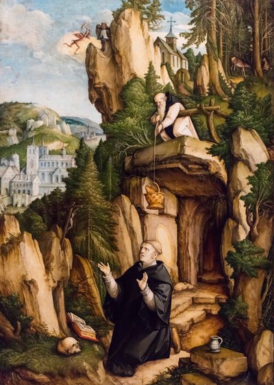 San Benedetto eremita in preghiera, 1540 ca. (Tempera e olio su tavola) da Master of Messkirch