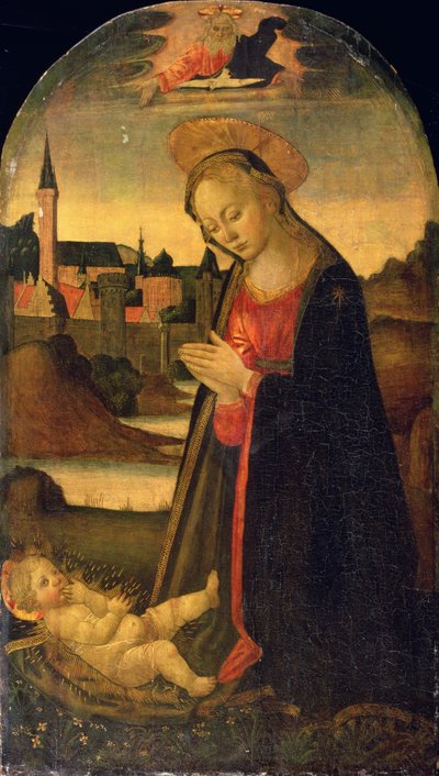 La Madonna che adora il Bambino, una città su un fiume oltre, c.1478 da Master of San Miniato
