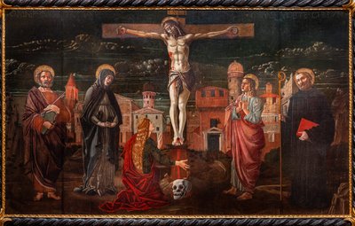 Cristo crocifisso tra San Pietro, la Vergine, Maria Maddalena, San Giovanni apostolo e San Benedetto da Master of St. Peter in Vicenza