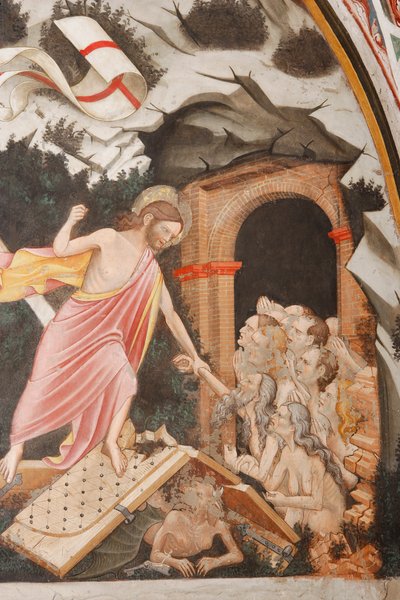 Resurrezione e Discesa nel Limbo (dettaglio): Gesù prende la mano di Adamo. Ai piedi di Cristo, le porte dell