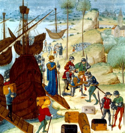 Re Edoardo III che arriva a Saint Vaast La Hogue il 12 luglio 1346, illustrazione dalle Chroniques d