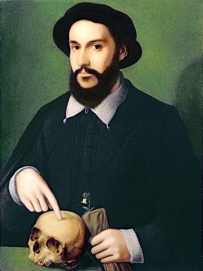 Ritratto di un gentiluomo con la mano destra che indica un teschio, c.1540 da Master of the 1540s
