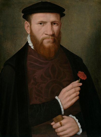 Ritratto di un uomo con la mano destra che tiene un garofano rosso e nella sinistra un guanto da Master of the 1540s