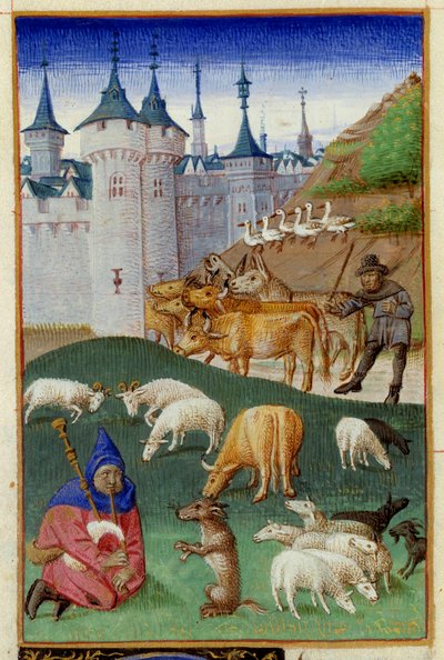 Animali da fattoria e suonatori di cornamusa. Miniatura tratta da Il Rusticano o Libro del Profitto Campestre e Rurale di Pietro de Crescenzi, miniato dal Maestro del Boccaccio di Ginevra detto Colin d
